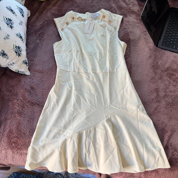 *NWT* RIHOAS Button-Shoulder Flounce Mini Dress - Beige - Picture 3 of 4